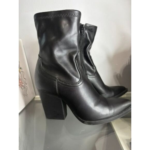 Black Faux Leather Block Heel Ankle Boots - Picture 1 of 5